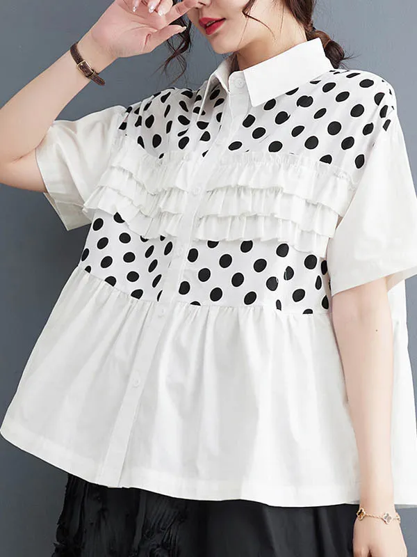 xakxx Loose Short Sleeves Contrast Color Pleated Polka-Dot Split-Joint Lapel Blouses