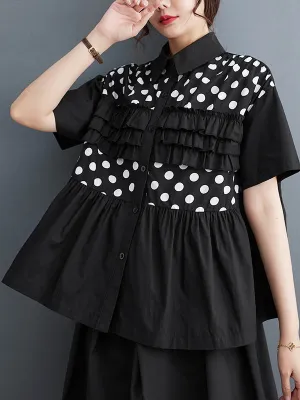 xakxx Loose Short Sleeves Contrast Color Pleated Polka-Dot Split-Joint Lapel Blouses