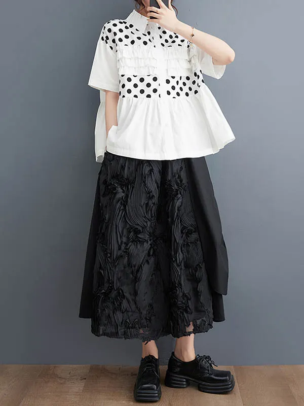 xakxx Loose Short Sleeves Contrast Color Pleated Polka-Dot Split-Joint Lapel Blouses