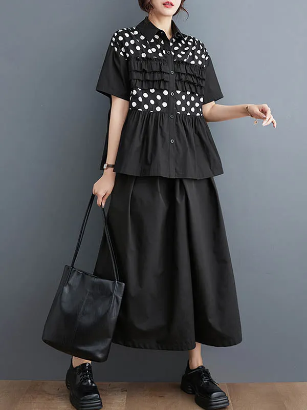 xakxx Loose Short Sleeves Contrast Color Pleated Polka-Dot Split-Joint Lapel Blouses