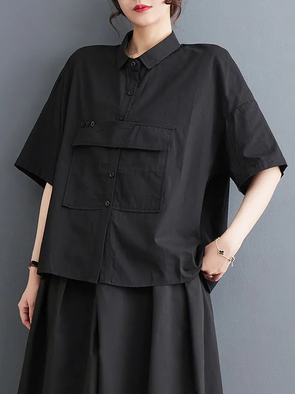xakxx Loose Short Sleeves Solid Color Split-Joint Blouses