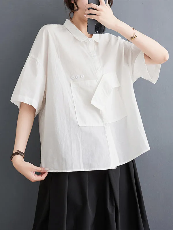 xakxx Loose Short Sleeves Solid Color Split-Joint Blouses