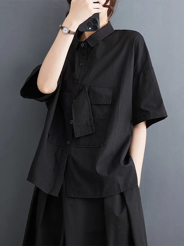 xakxx Loose Short Sleeves Solid Color Split-Joint Blouses