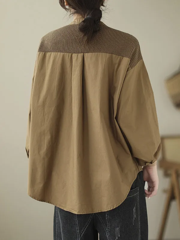 xakxx Vintage Long Sleeves Loose Split-Joint Round-Neck Blouses&Shirts Tops