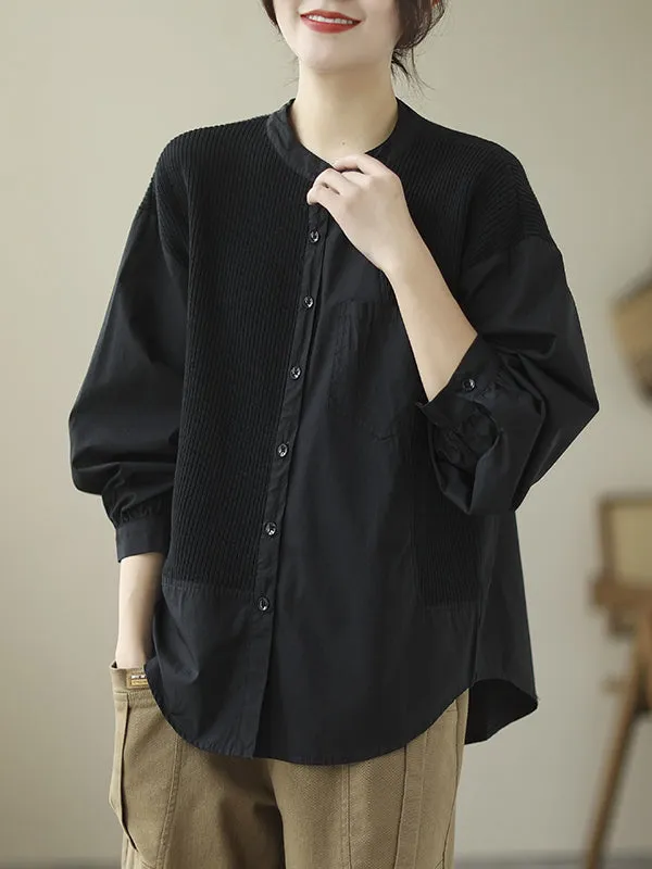 xakxx Vintage Long Sleeves Loose Split-Joint Round-Neck Blouses&Shirts Tops