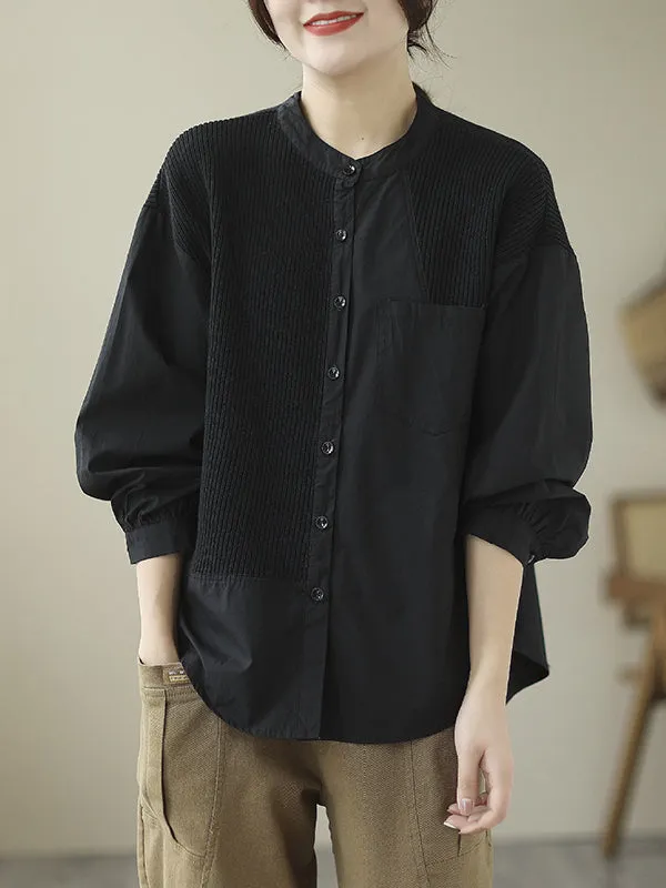 xakxx Vintage Long Sleeves Loose Split-Joint Round-Neck Blouses&Shirts Tops