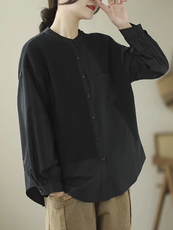 xakxx Vintage Long Sleeves Loose Split-Joint Round-Neck Blouses&Shirts Tops