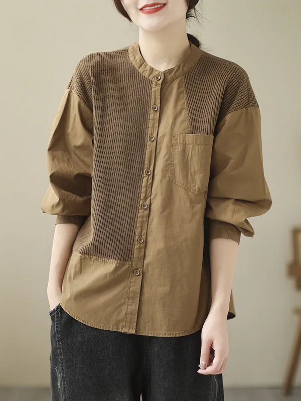 xakxx Vintage Long Sleeves Loose Split-Joint Round-Neck Blouses&Shirts Tops