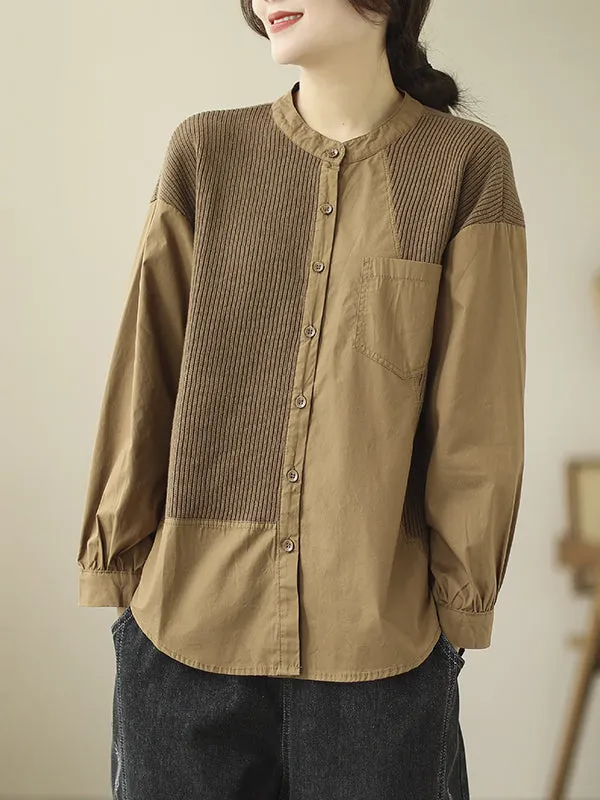 xakxx Vintage Long Sleeves Loose Split-Joint Round-Neck Blouses&Shirts Tops